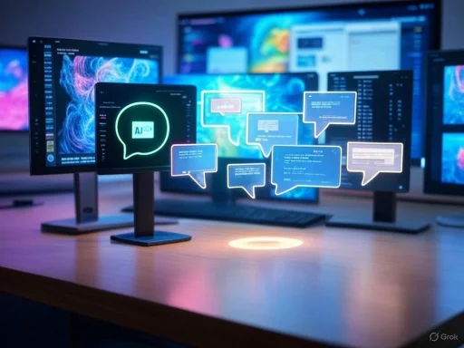 Multiple monitors display AI chat bubbles and vibrant digital graphics in a modern tech workspace.