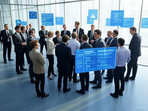 A group of professionals in suits gathered around a presentation board in a modern conference room with digital screens, possibly discussing business or technology.