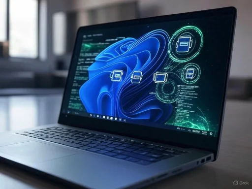 A laptop displaying futuristic digital graphics and icons related to data or network technology.