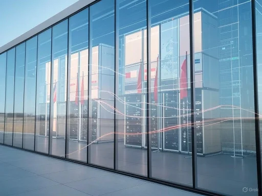 A modern building with glass walls showcasing server racks and flags inside, reflecting a technology or data center theme. A modern building with glass walls showcasing server racks and flags inside, reflecting a technology or data center theme.