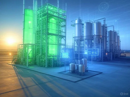 Futuristic industrial plant with glowing green and blue tanks and infrastructure at sunset.