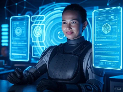 A woman in futuristic armor sits confidently amid holographic digital interfaces and screens.