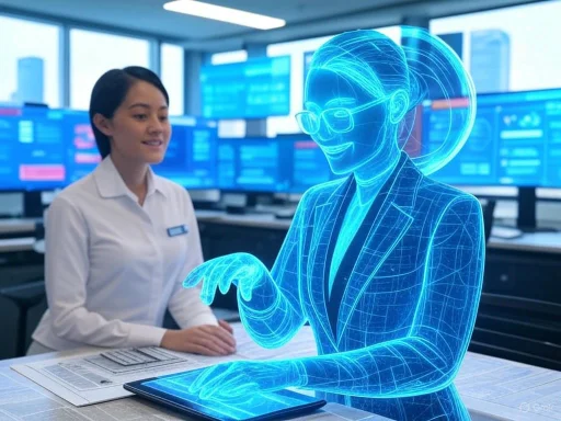 A woman interacts with a holographic digital assistant in a high-tech office setting.