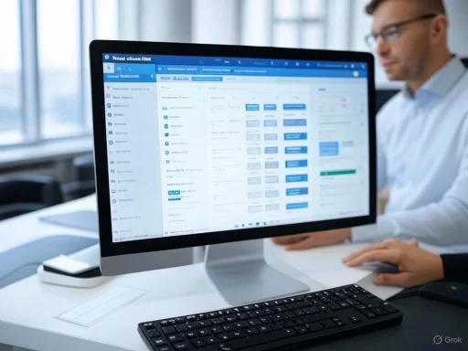 A man in business attire works at a desk on a computer displaying a calendar or scheduling application.