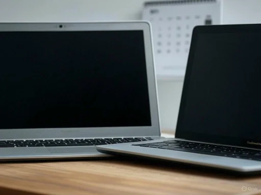 Two laptops are placed on a wooden table with a calendar in the background.