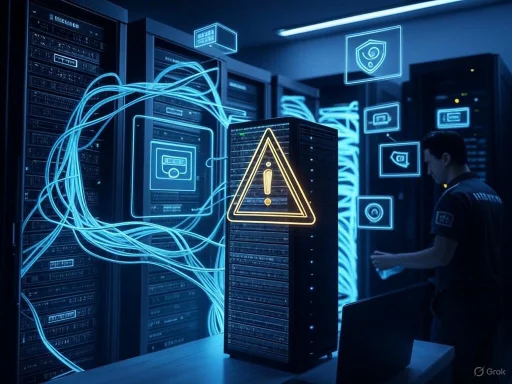 A technician in a data center encounters a digital warning alert amidst interconnected servers and holographic security icons.