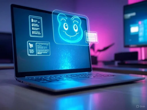 A laptop displaying a futuristic, holographic smiling bear face with data panels in a neon-lit tech environment.
