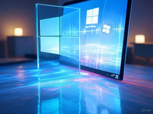 A futuristic digital display with a holographic Windows logo projected in a high-tech setting.
