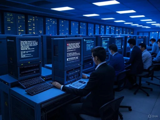 A team of professionals working on computer terminals in a high-tech control room with multiple screens and large windows at night.