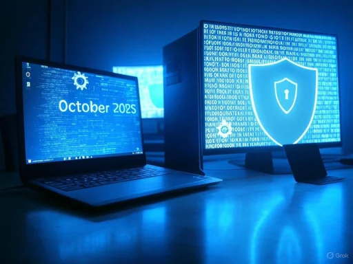 A laptop and two monitors display data and security symbols, suggesting a cybersecurity or data protection theme.