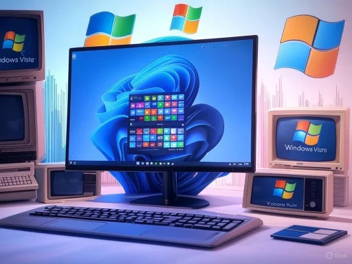 A modern computer setup surrounded by vintage Windows computers and logos, all themed around Windows 11.