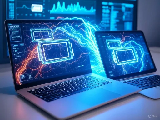 Futuristic digital network visualization on two laptops, illustrating data transfer and connectivity.