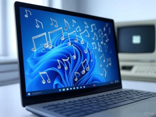 A laptop displaying floating musical notes on a blue abstract background. A laptop displaying floating musical notes on a blue abstract background.