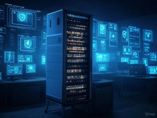 A data center with a central server rack surrounded by holographic digital security and network interface visualizations.