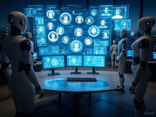 Robots monitor a high-tech command center with multiple futuristic screens displaying facial recognition data.