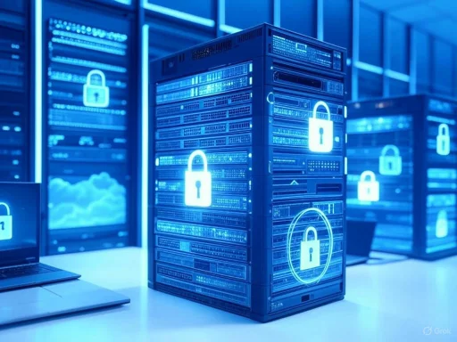 Data servers secured with digital lock icons in a high-tech data center environment.