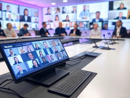 A virtual conference with multiple participants on screens, with a focus on a tablet showing individual faces, in a modern meeting room.