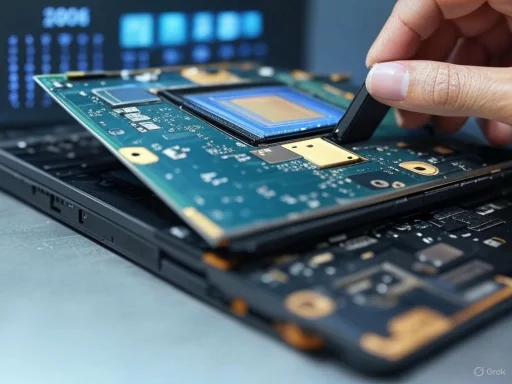 A person installing or repairing a CPU onto a laptop's motherboard. A person installing or repairing a CPU onto a laptop's motherboard.