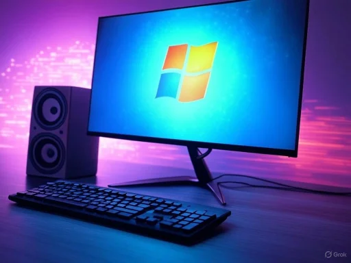 A desktop setup with a monitor displaying the Windows logo, a keyboard, and a speaker against a colorful, illuminated background. A desktop setup with a monitor displaying the Windows logo, a keyboard, and a speaker against a colorful, illuminated background.