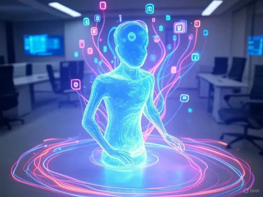 A digital hologram of a human figure with floating data icons in a modern office setting.