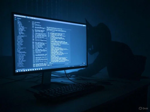 A person working on a computer in a dark room, with the screen displaying lines of code or data.