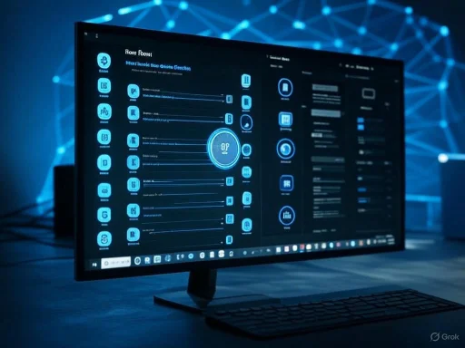 A futuristic computer screen displays data and analytics with a blue neon theme against a dark background. A futuristic computer screen displays data and analytics with a blue neon theme against a dark background.