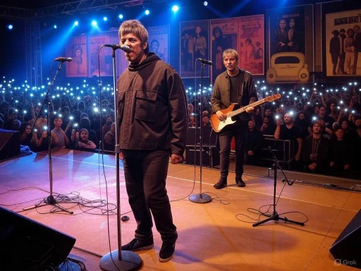 Musicians perform on stage in front of an audience at a concert, with blue lighting and posters visible in the background. Musicians perform on stage in front of an audience at a concert, with blue lighting and posters visible in the background.