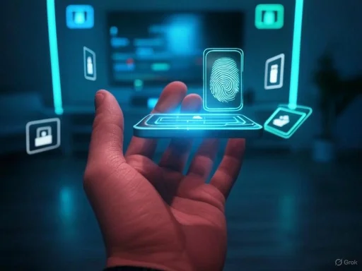 A person holding a holographic phone with a fingerprint scanner, surrounded by digital security icons.