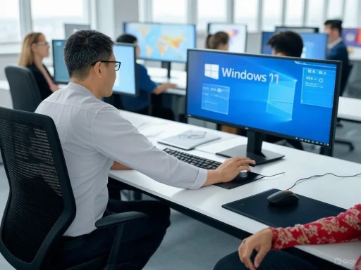 A person working on a computer running Windows 11 in a classroom or training environment with multiple monitors and attendees. A person working on a computer running Windows 11 in a classroom or training environment with multiple monitors and attendees.