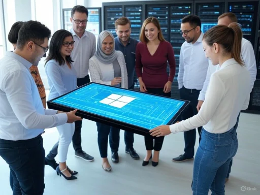 Team of professionals collaborating around a large digital touchscreen in a data center environment.