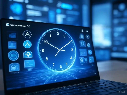 A digital dashboard screen displays a clock and various app icons against a blue-toned background.