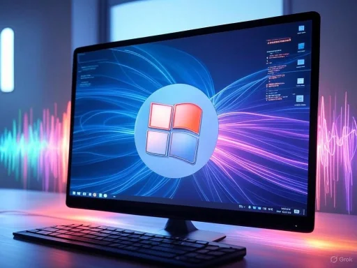 A computer monitor displays a Windows logo on a vibrant, colorful background with animated waveforms on both sides.
