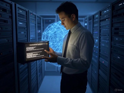A man in a server room examines a tablet, with digital data and a holographic globe in the background. A man in a server room examines a tablet, with digital data and a holographic globe in the background.