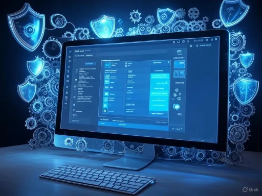 A computer screen displays cybersecurity software with shield and gear icons in a digital protection-themed background.