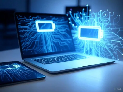 Digital circuitry and battery icons projected from a laptop and tablet, symbolizing technology and power.