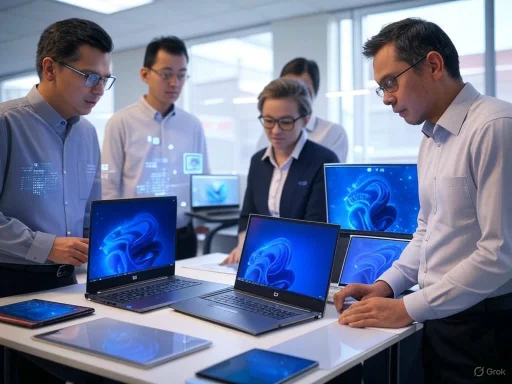 Team of professionals discussing laptops displaying blue swirling code in a modern office setting.