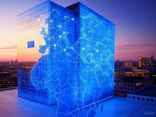A futuristic glass building with a digital map overlay, illuminated with blue lights at dusk in an urban skyline.