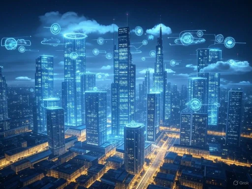 Futuristic cityscape at night with digital holograms and floating icons highlighting advanced technology and connectivity.