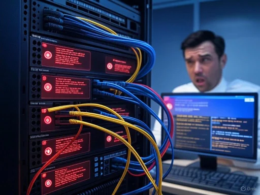 A man looks confused while working with a server rack and a computer displaying error messages.