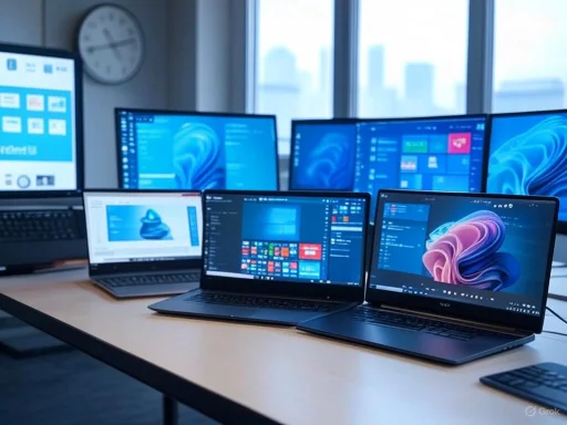 Multiple laptops displaying Windows desktops are arranged on a desk in a bright office with city views.