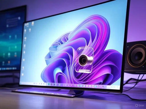 A computer monitor displays a colorful, abstract digital wallpaper with a camera attachment in front.