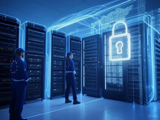 People in uniform standing in a server room with digital security icons and glowing digital graphics.