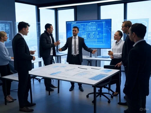 A diverse group of professionals discusses plans around a table with digital blueprints in a modern, high-rise office.