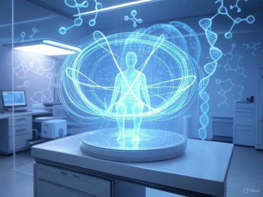 A futuristic medical scan displays a digital human figure surrounded by molecular and DNA graphics in a high-tech lab setting.
