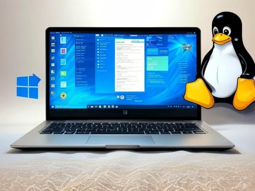 A MacBook displaying a Windows environment on the screen with a Linux Tux penguin figure beside it.