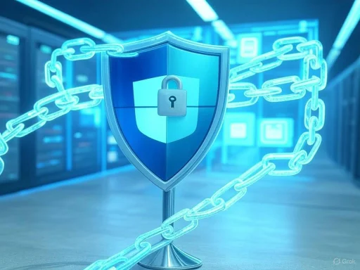 A shield with a lock symbol, surrounded by a digital chain, symbolizes cybersecurity or data protection.