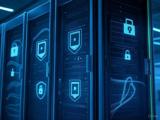 Secure data servers with digital lock icons and shield symbols, emphasizing cybersecurity and data protection.