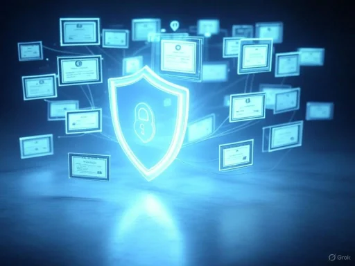Digital security concept with a shield and lock icon surrounded by floating digital certificates.