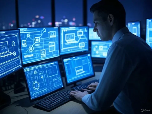 A man working intensely at multiple computer screens displaying complex digital schematics or data in a dark, high-tech environment.