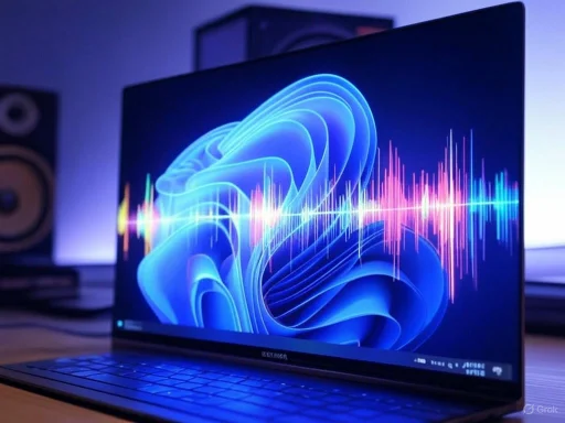 A sleek laptop with a vibrant, abstract digital display and sound waves on the screen, set in a modern workspace.